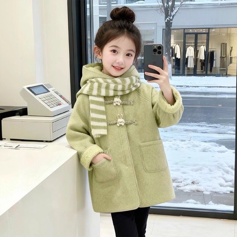 2025新款韩版女童冬绿色连帽呢子大衣中长款加绒洋气百搭时髦外套