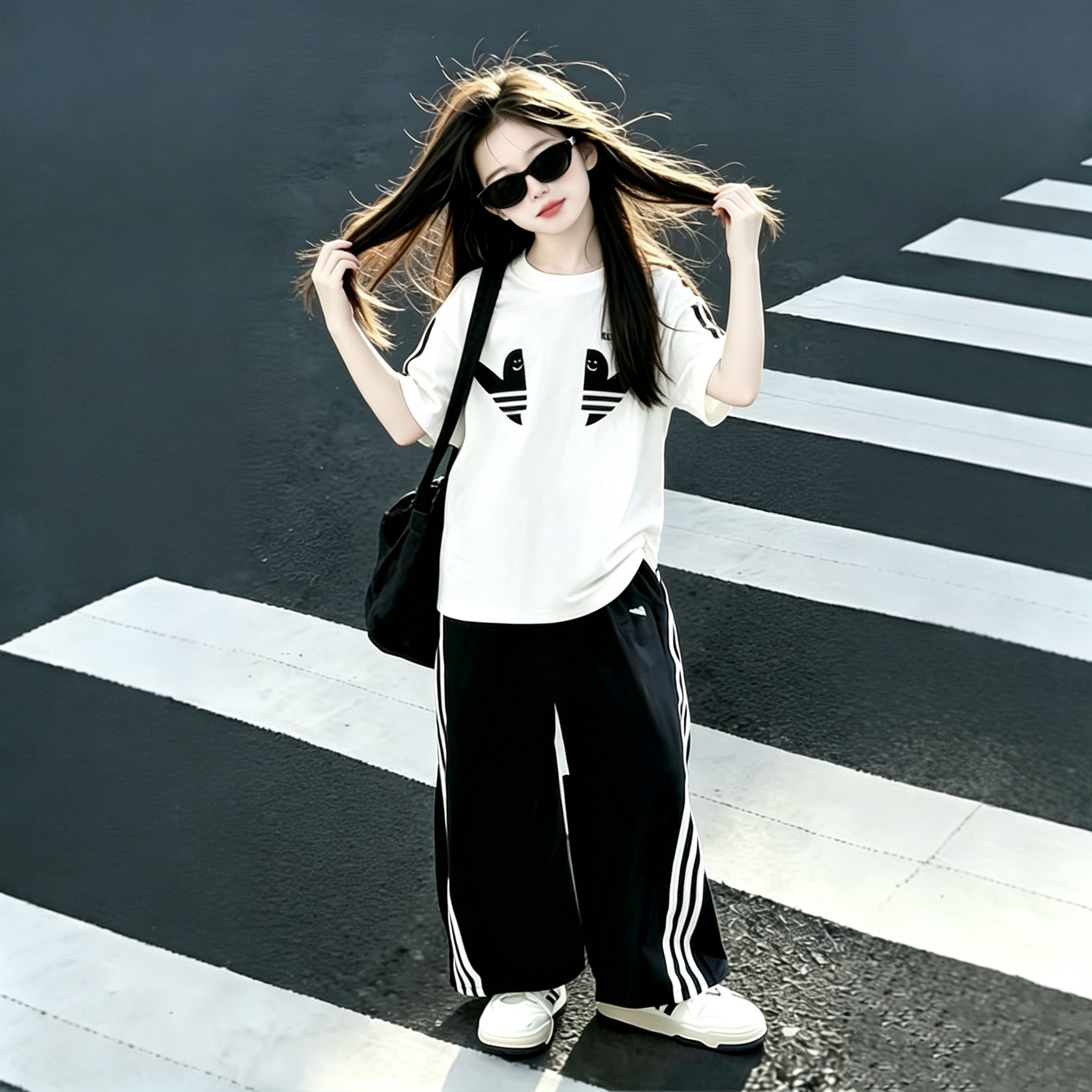 又酷又飒的女童装夏季2026新款韩系女孩短袖夏装儿童洋气运动套装