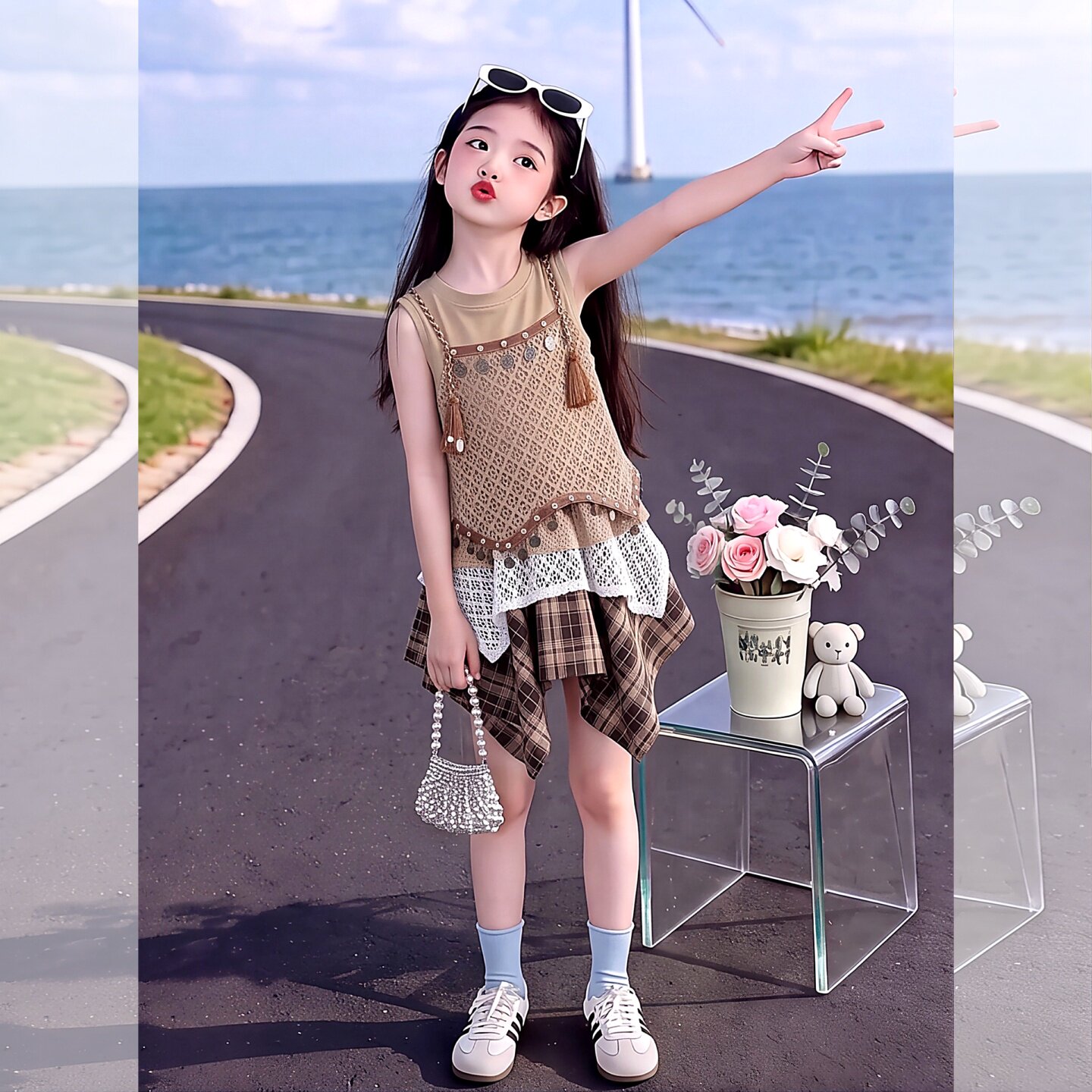 女童镂空背心短裙套装2026新款波