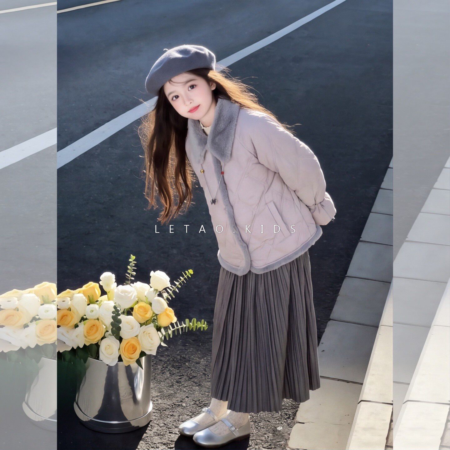 女童冬季加厚保暖菱格翻领棉服