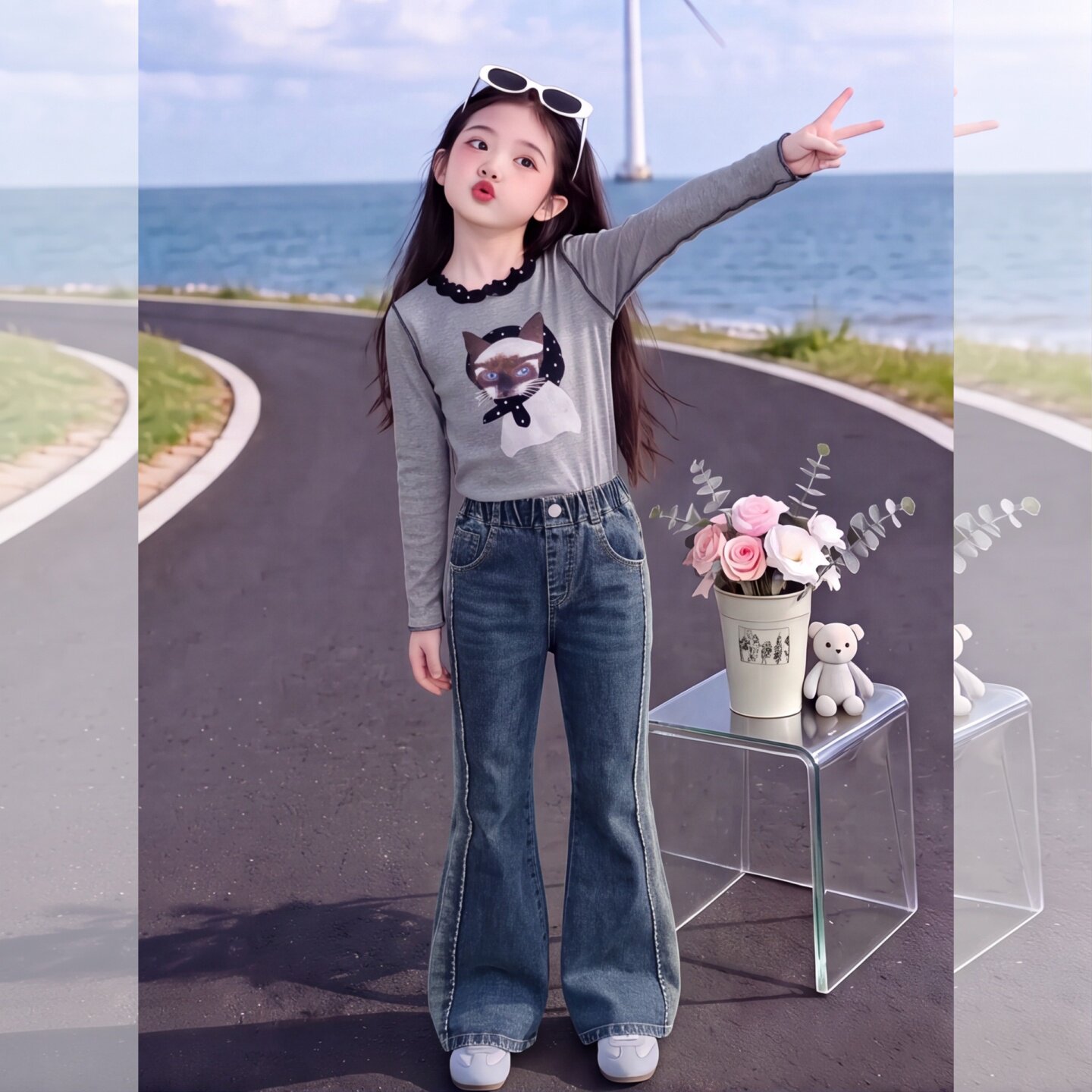 女童喇叭裤秋款2026新款儿童高腰