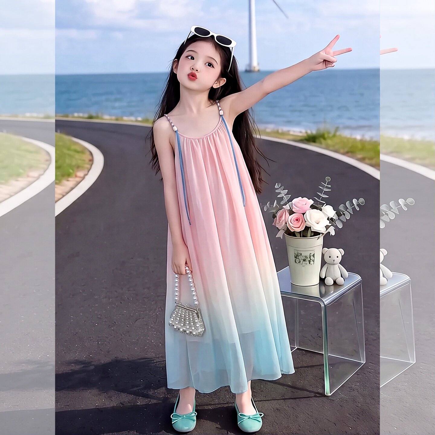 女童连衣裙夏季洋气法式渐变色吊