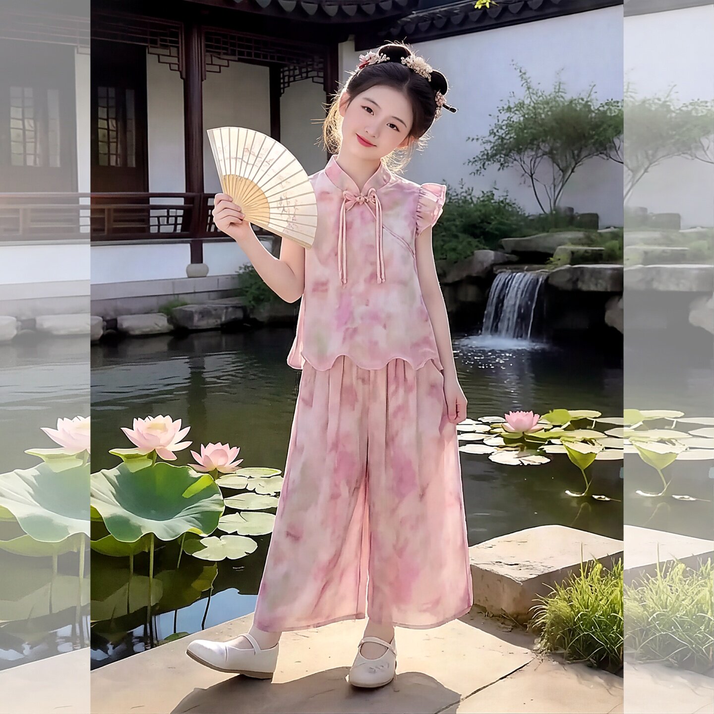 女童粉荷叶袖蝴蝶结系带两件套夏
