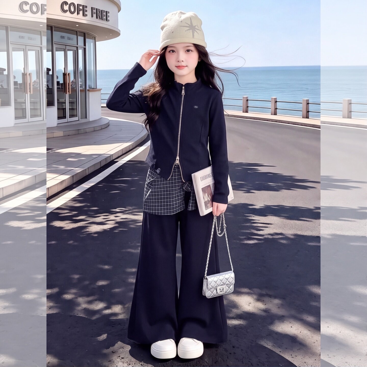 女童秋季款套装藏青立领拉链外套