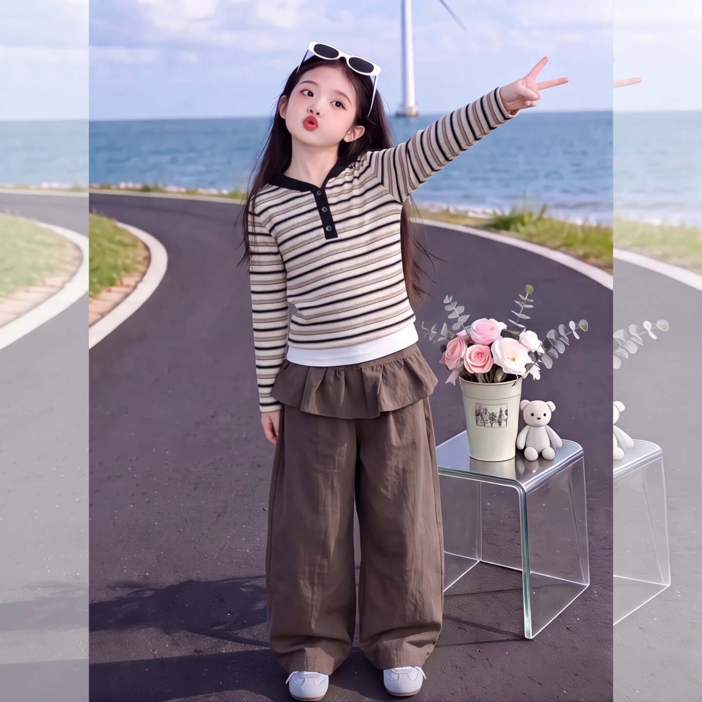 女童连帽条纹套装秋季2026新款中