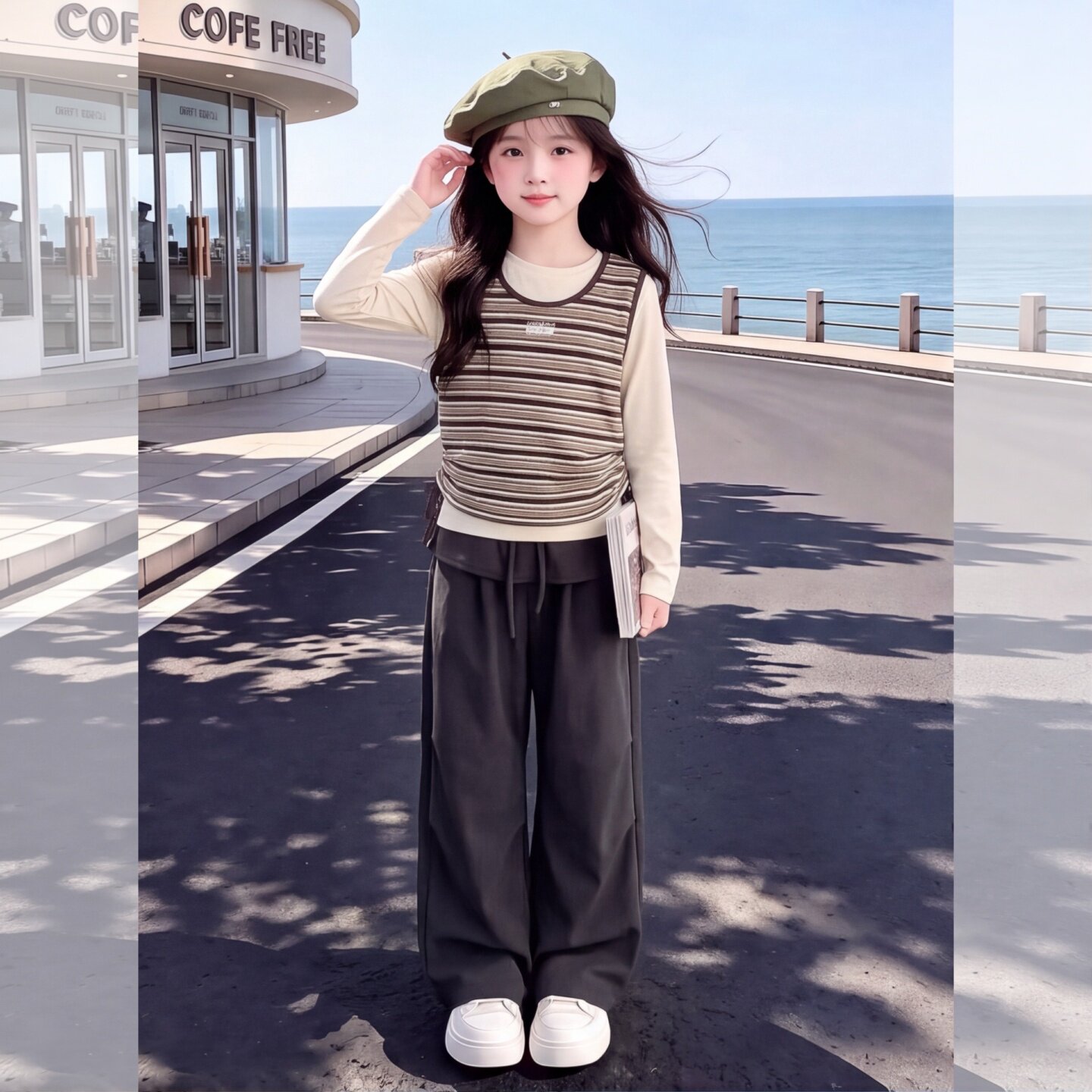 女童秋季打底条纹背心套装2026新