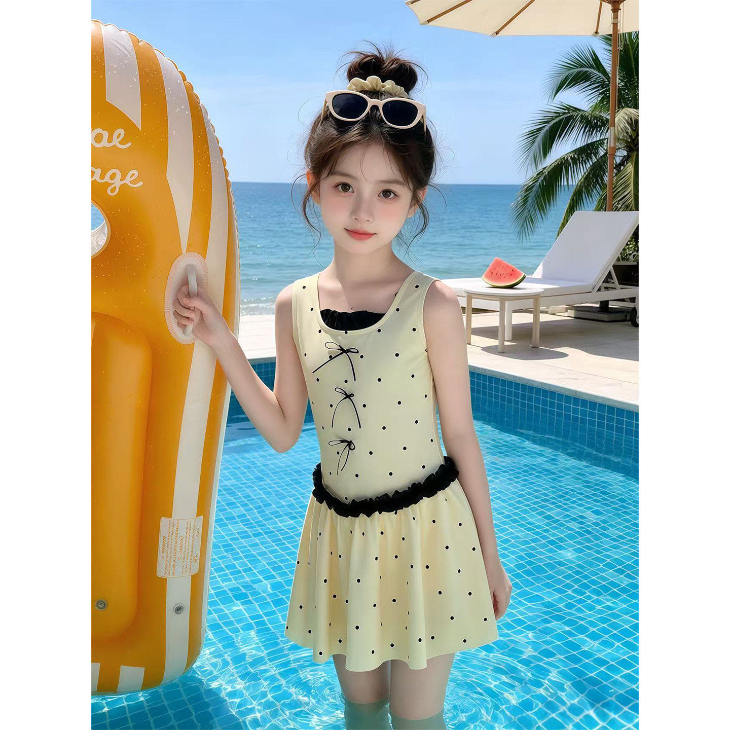女童泳衣夏季2026新款儿童连身裙式泳装女孩甜美速干蝴蝶结游泳衣