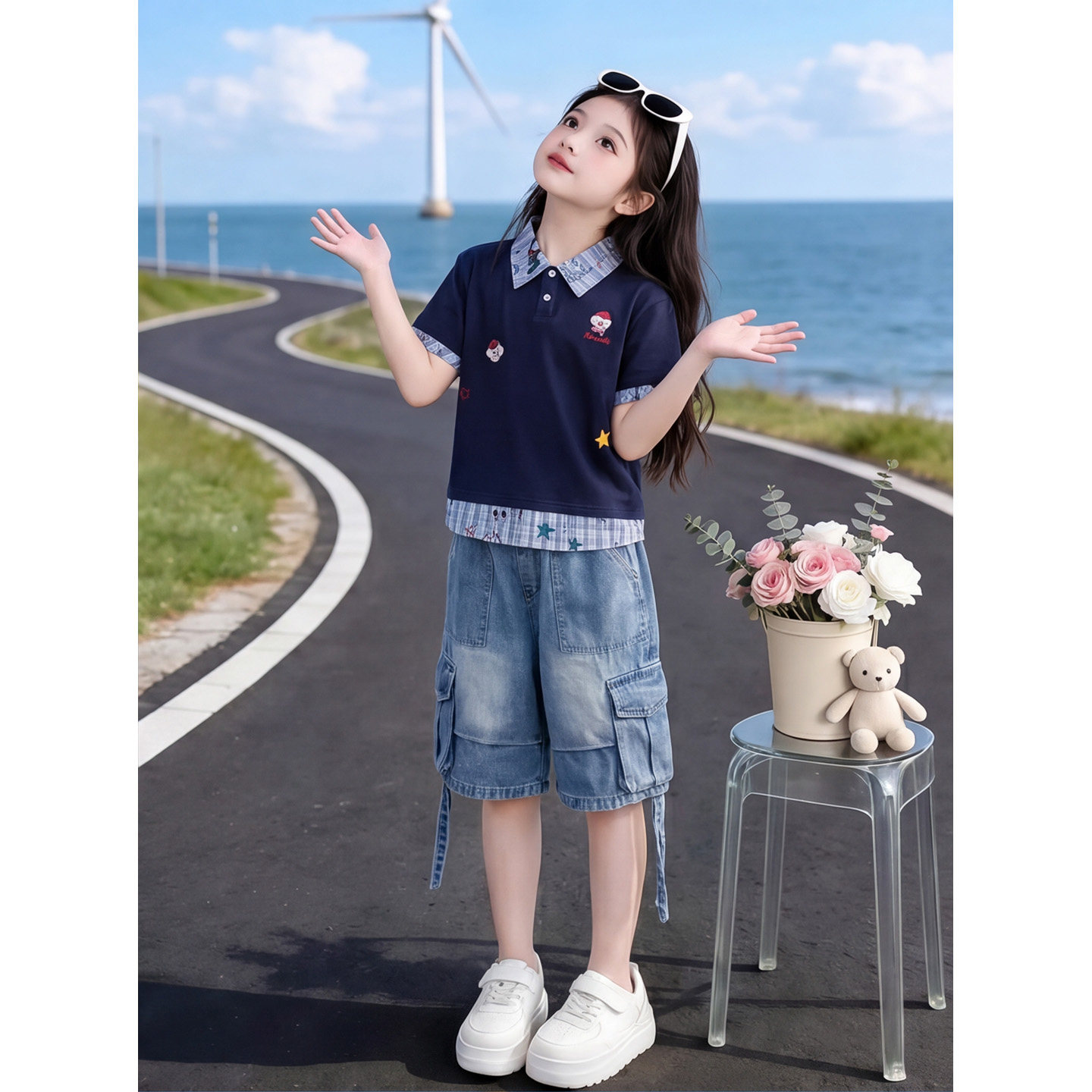 女童短袖t恤套装2026新款夏季儿童韩版polo衫牛仔中裤两件套夏装
