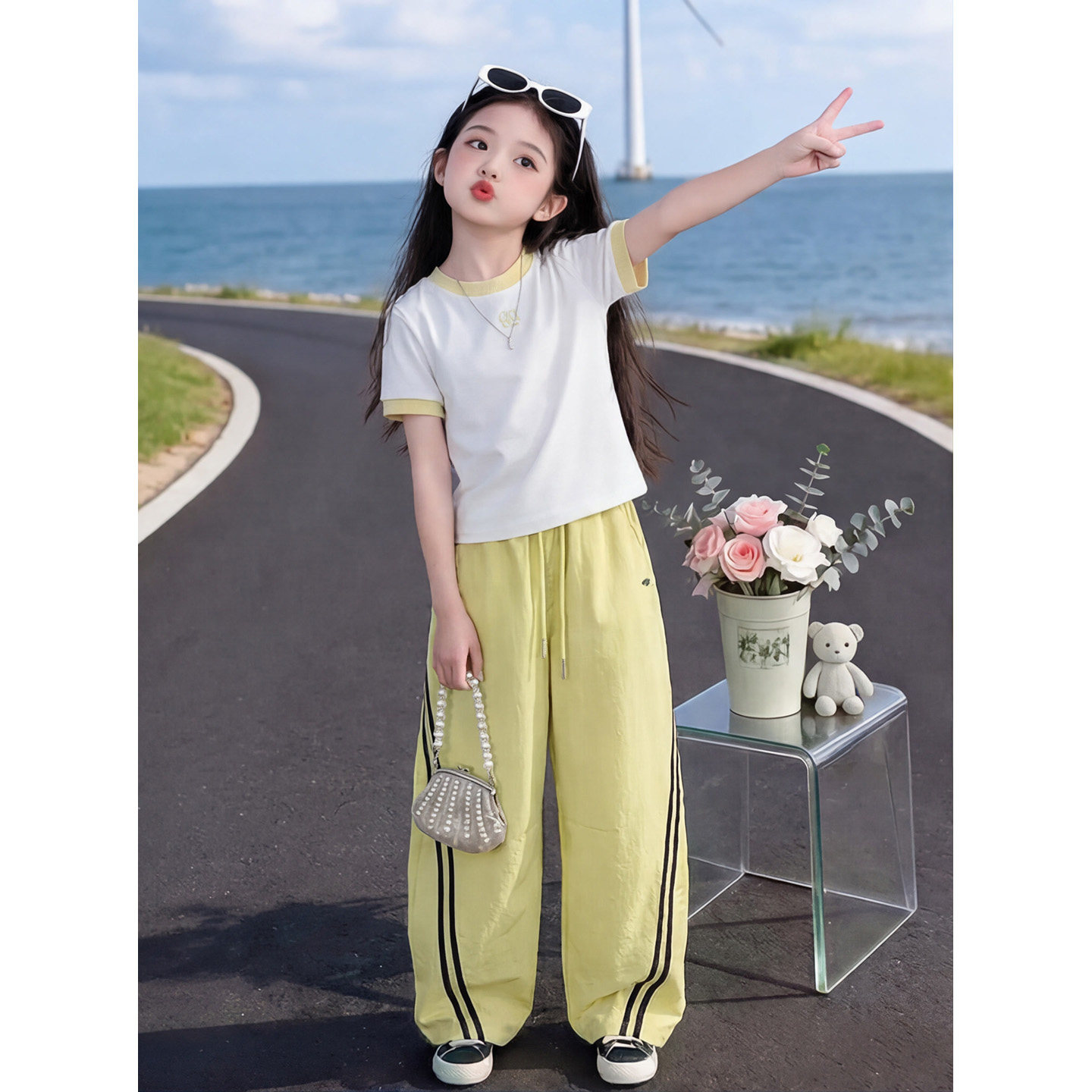 女童夏季休闲短袖速干运动长裤套