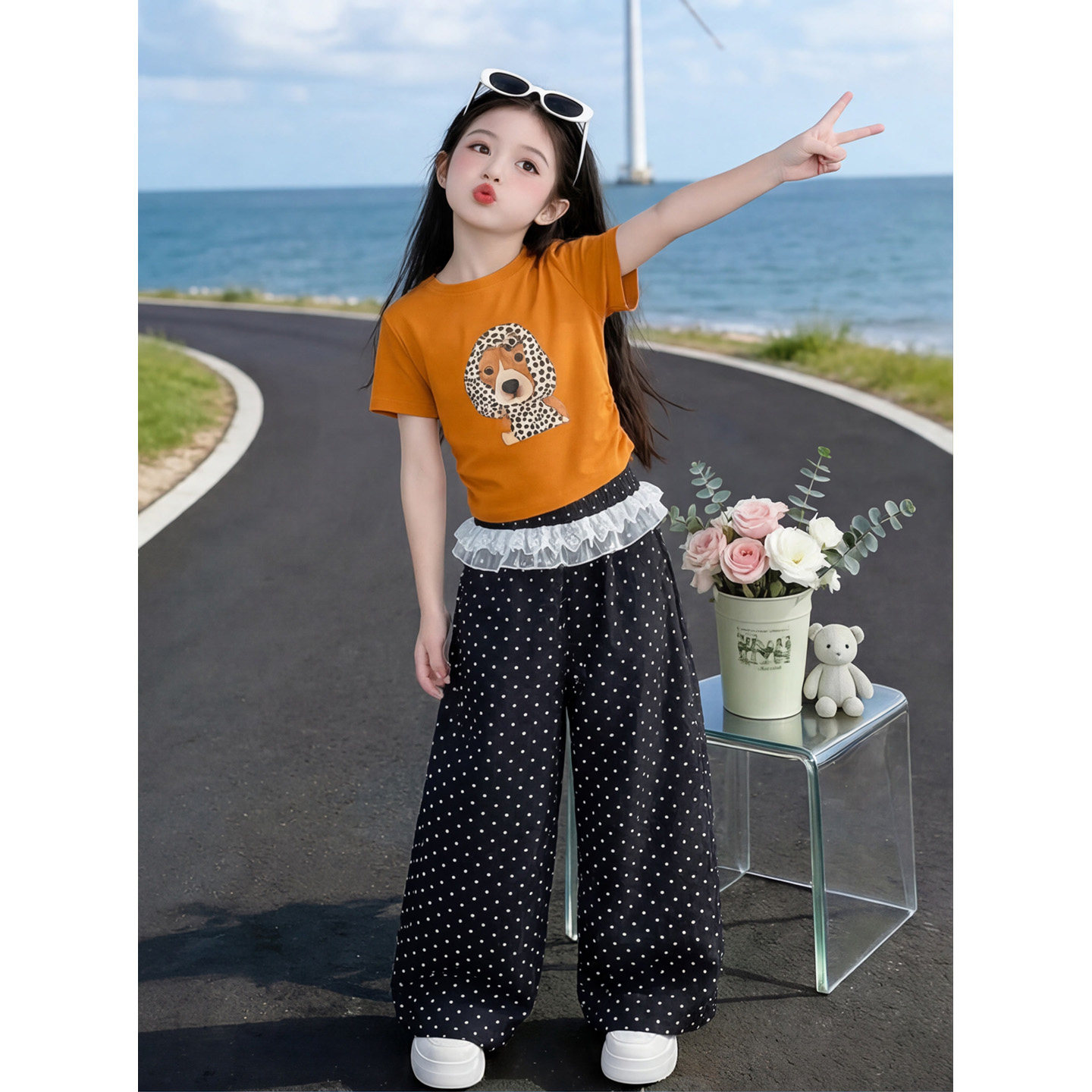 女童小狗印花短袖波点阔腿裤套装