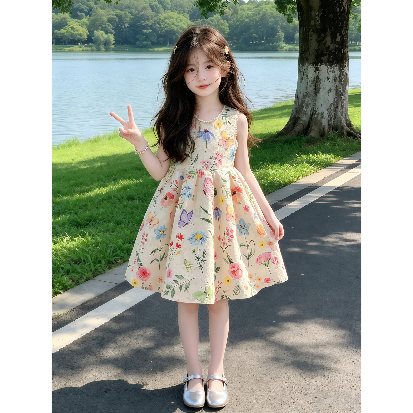 女童连衣裙夏季2026新款儿童洋气无袖印花裙子夏装女孩甜美背心裙