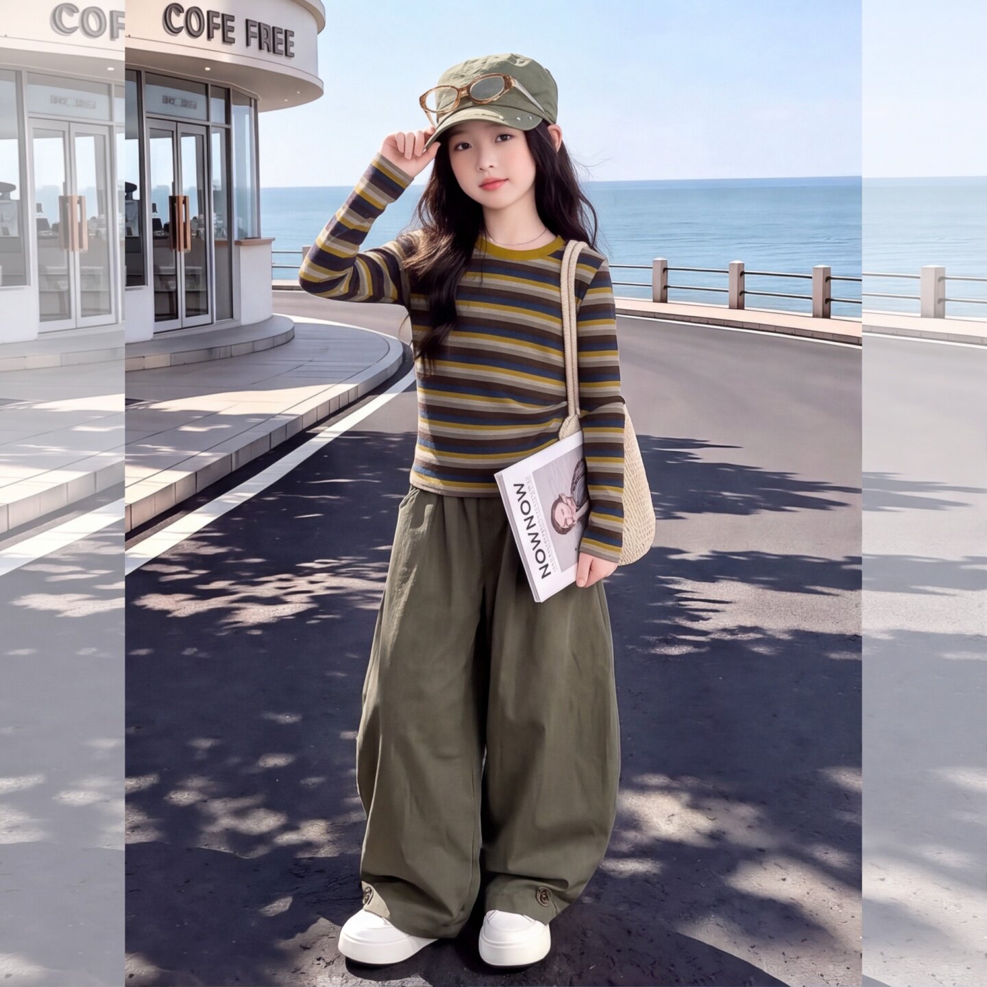 女童秋季美式风条纹上衣套装2026