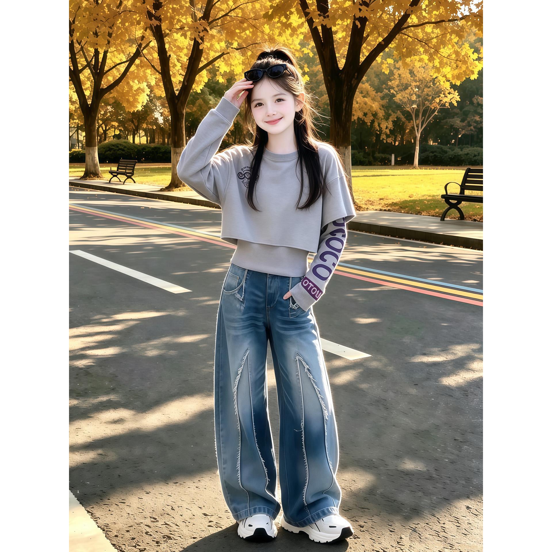 女童春秋款卫衣套装2026新款儿童洋气假两件上衣拼接牛仔裤两件套