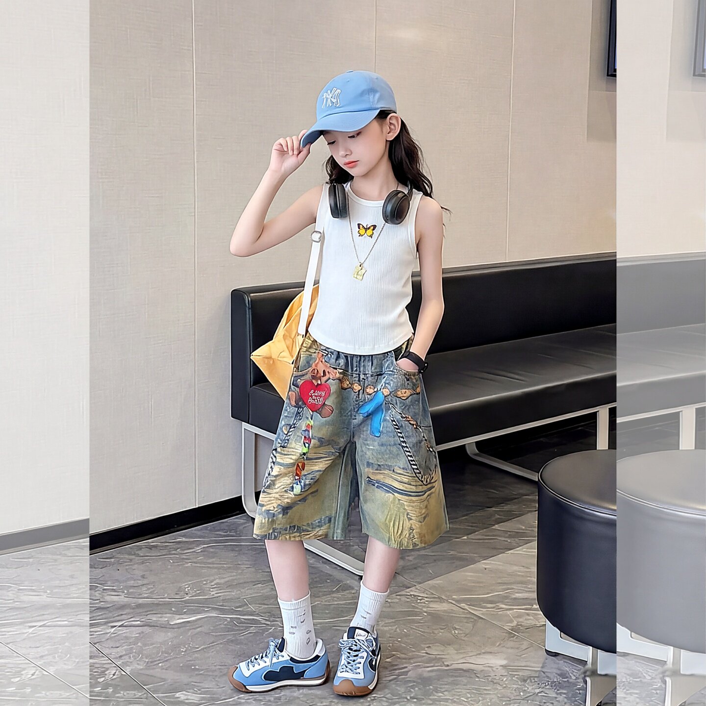 女童夏涂鸦牛仔阔腿休闲五分裤装