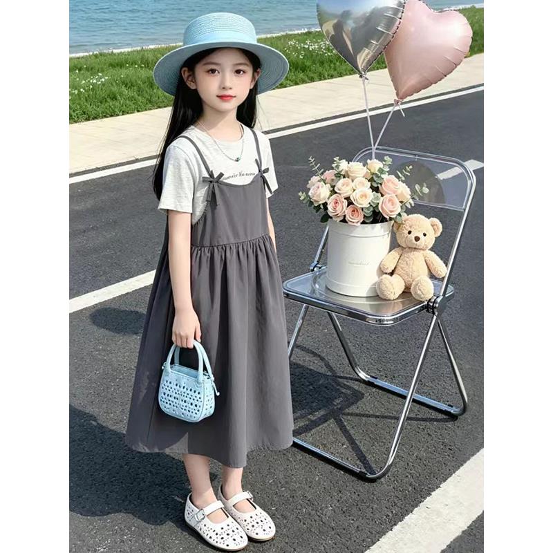 女童吊带连衣裙夏季2026新款儿童蝴蝶结裙子夏装女孩中长款套装裙