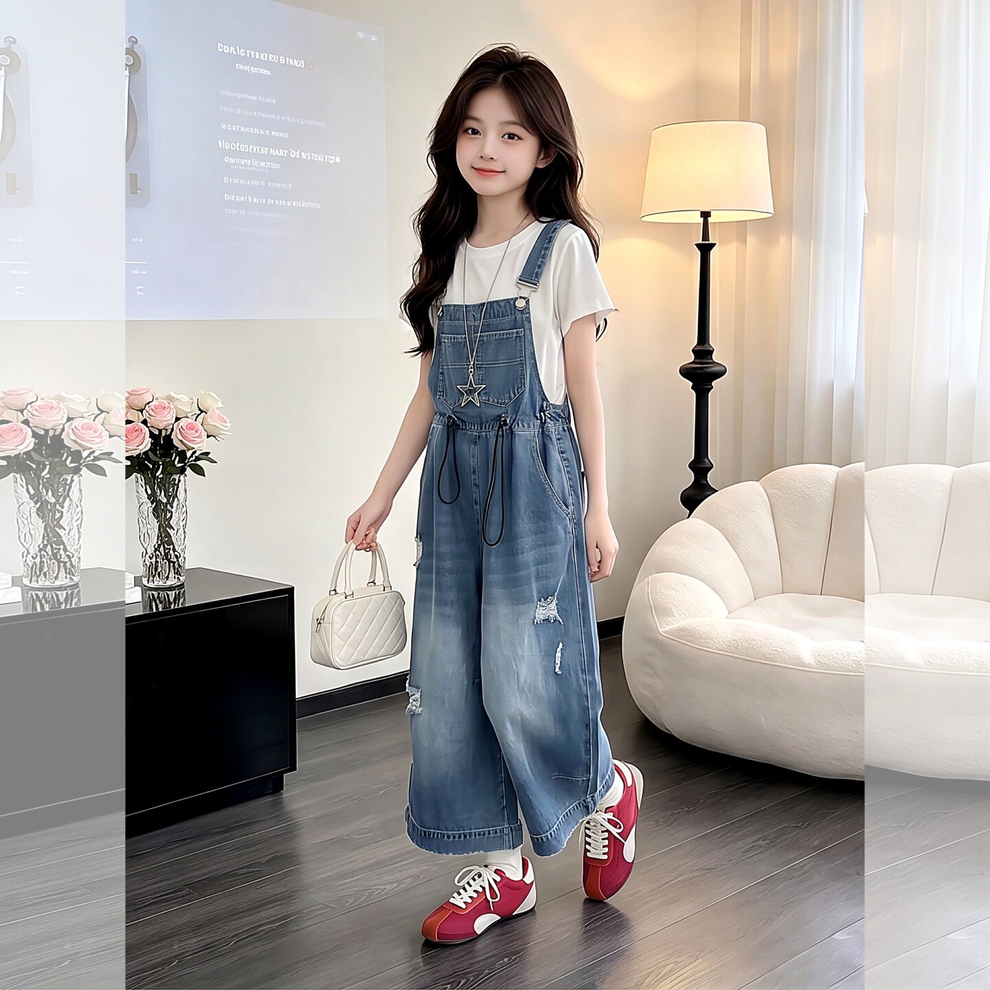 女童牛仔背带阔腿裤夏季薄款2026