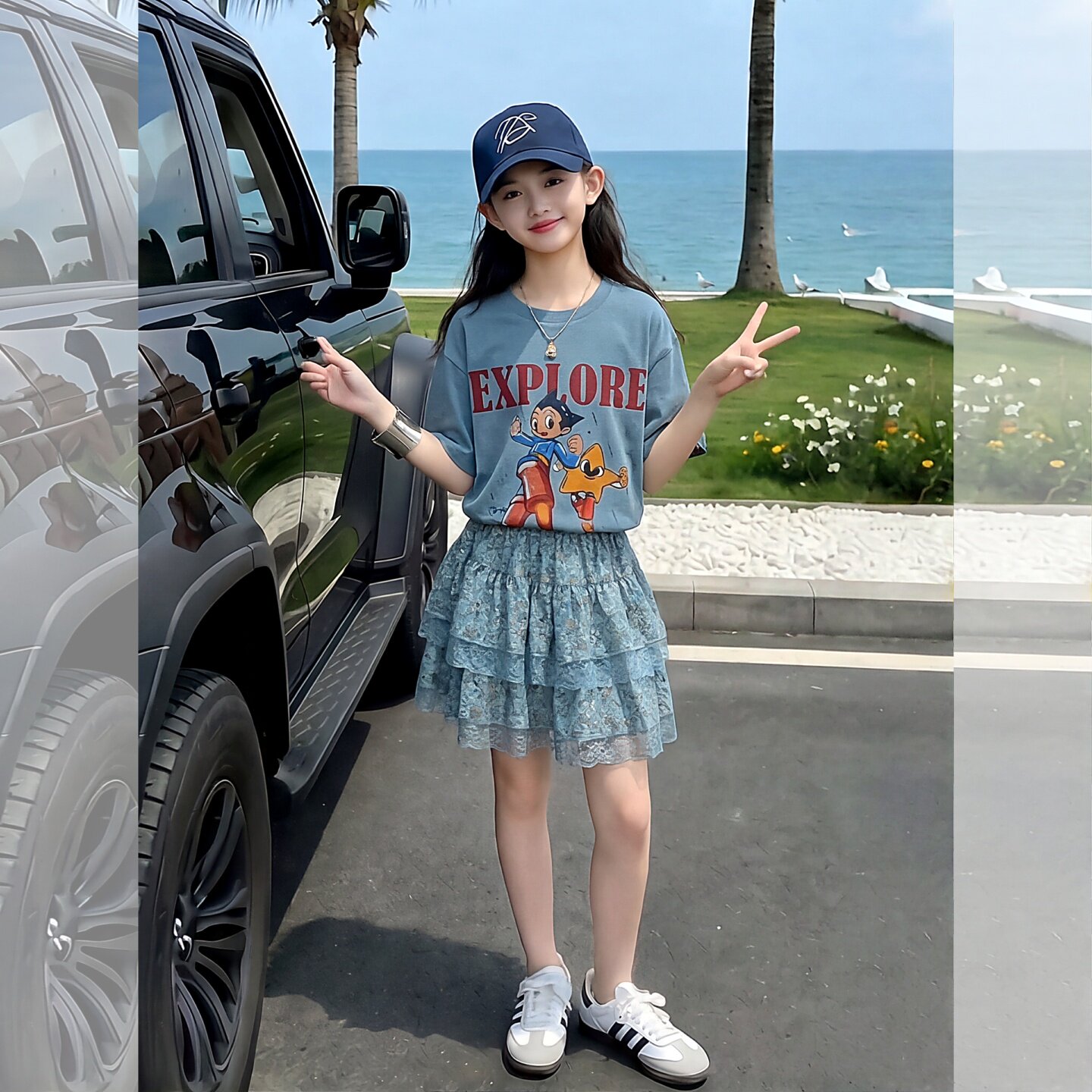 女童卡通印花t恤碎花蛋糕裙套装
