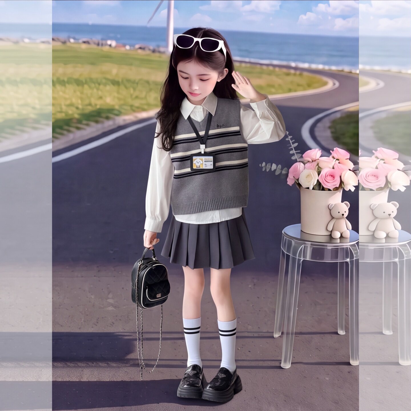 女童秋装学院风马甲衬衫套装2026
