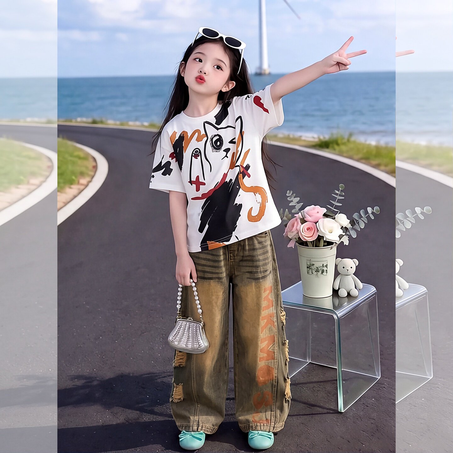 女童夏装短袖T恤牛仔裤两件套装