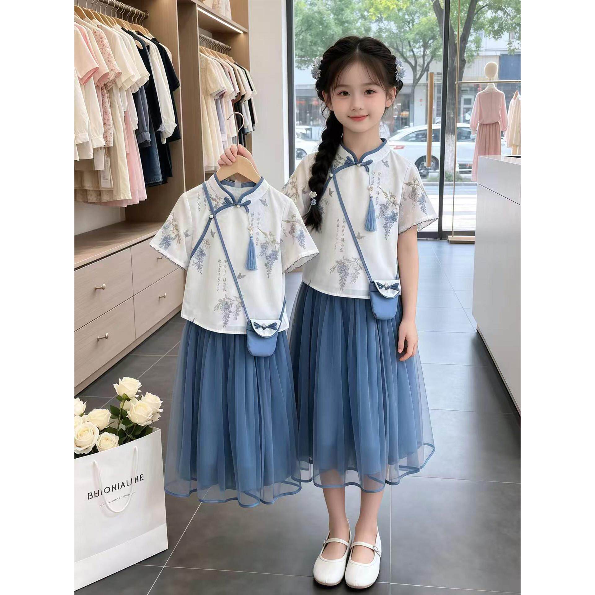 女童新中式汉服套装2026新款夏季儿童改良国风盘扣短袖纱裙两件套