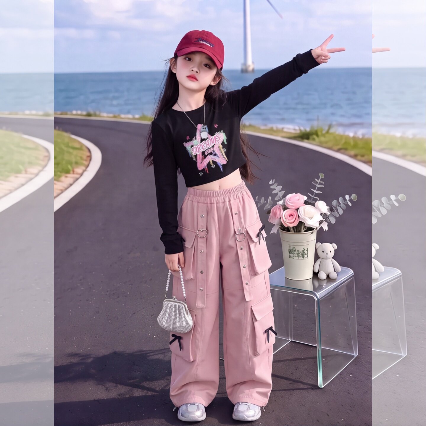女童五角星印花长袖上衣配工装裤