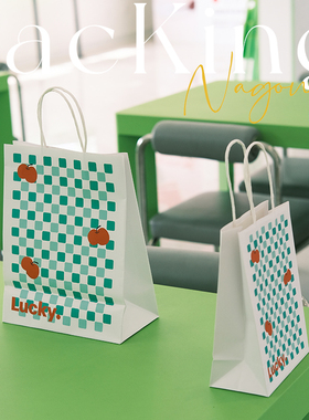 樱桃绿色格子烘焙手提袋甜品打包袋定制面包店外卖小袋子牛皮纸袋