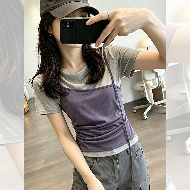 韩版减龄假两件荡领短袖T恤女