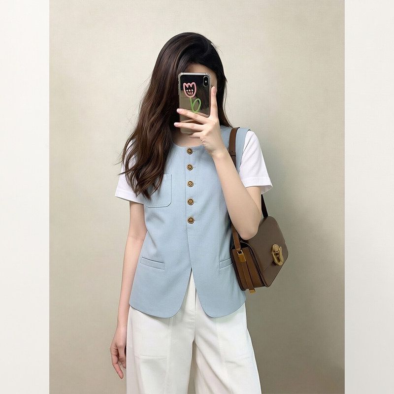 雾霾蓝西装风圆领排扣马甲女