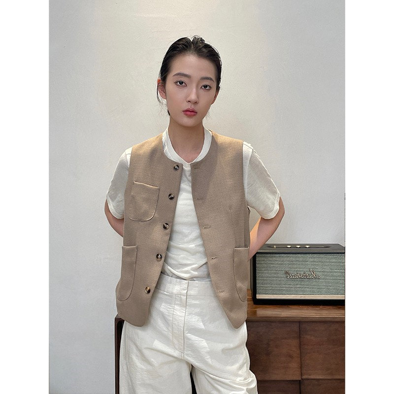 日系简约复古叠穿百搭亚麻马甲女款2024夏季新款无袖坎肩上衣外套