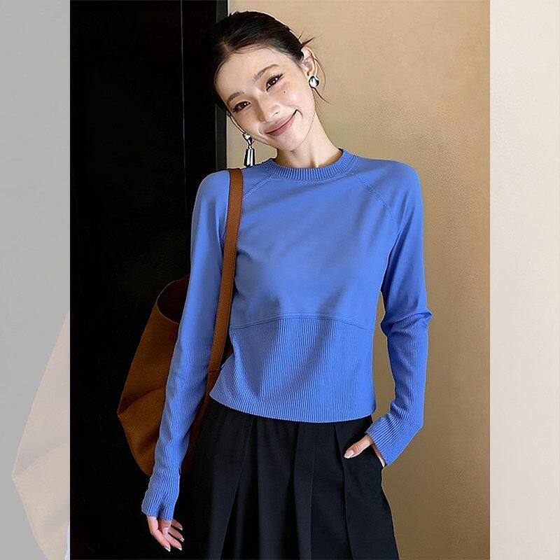 经典修身型慵懒风蓝色圆领卫衣女
