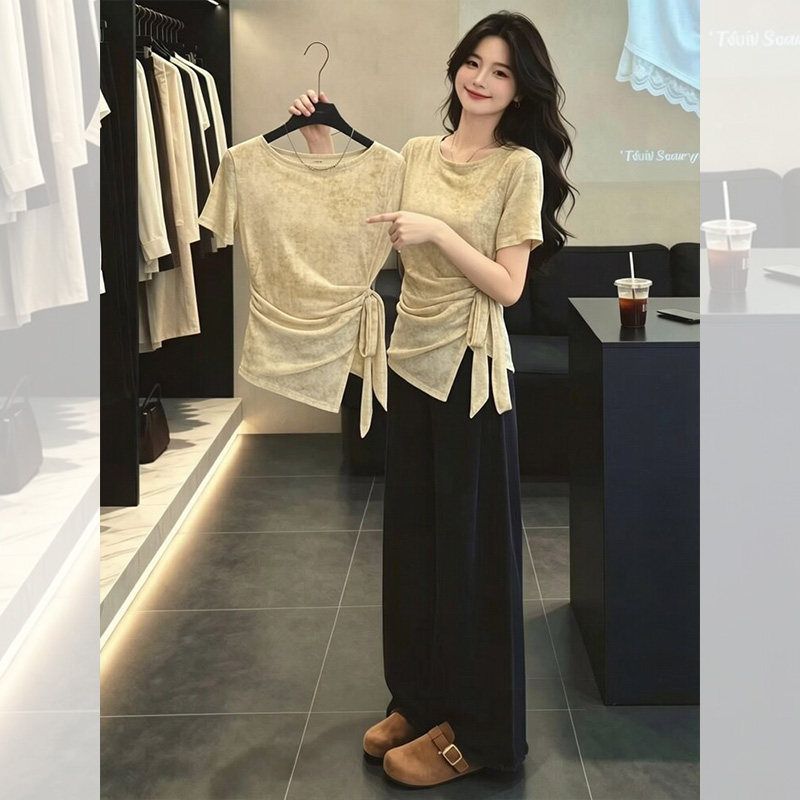 轻熟法式风绑带收腰短袖T恤女