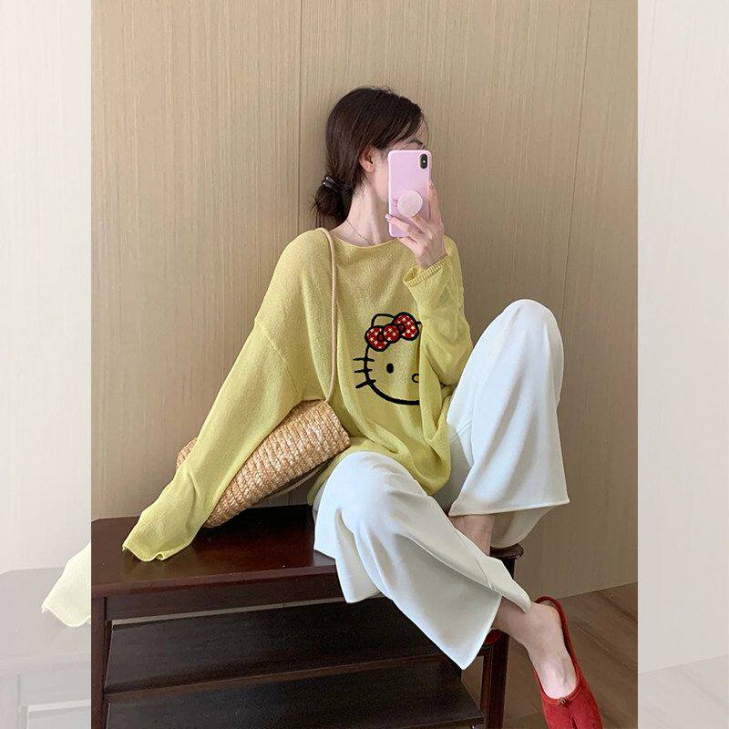 美式复古kitty猫印花V领长袖t恤女早秋新款休闲宽松减龄针织上衣