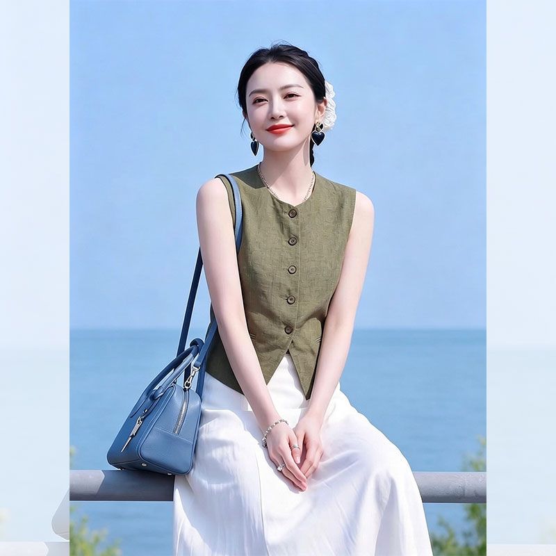 新款墨绿色通勤无袖马甲背心女