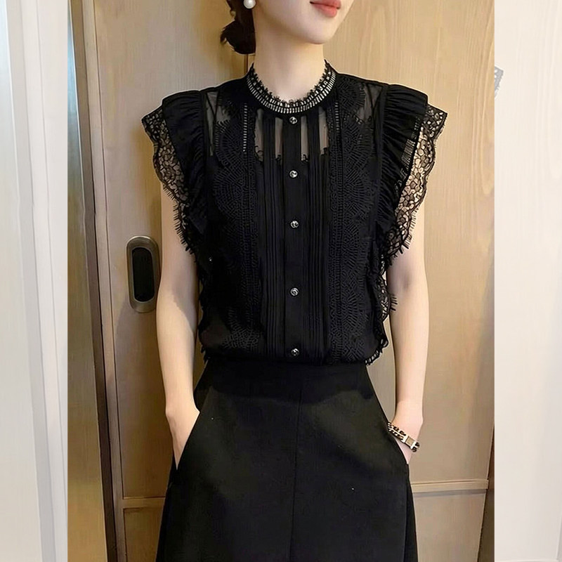 蕾丝拼接设计感小飞袖衬衫女