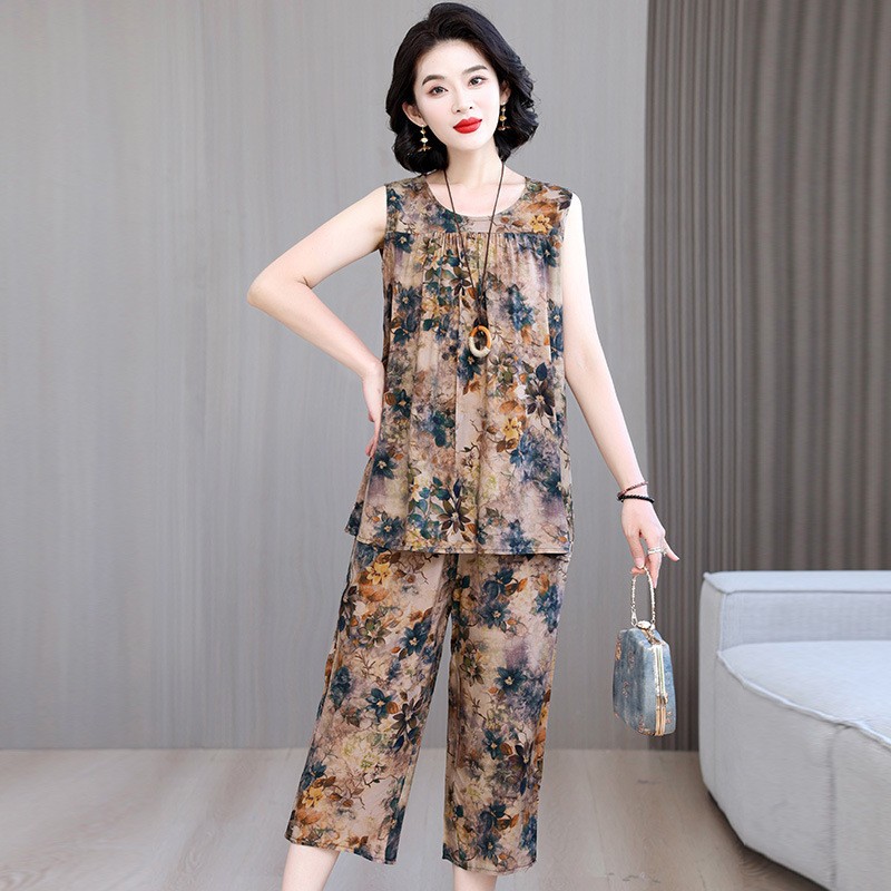 妈妈睡衣女2025年新款女士棉绸家居服套装中老年人袖两件套夏季