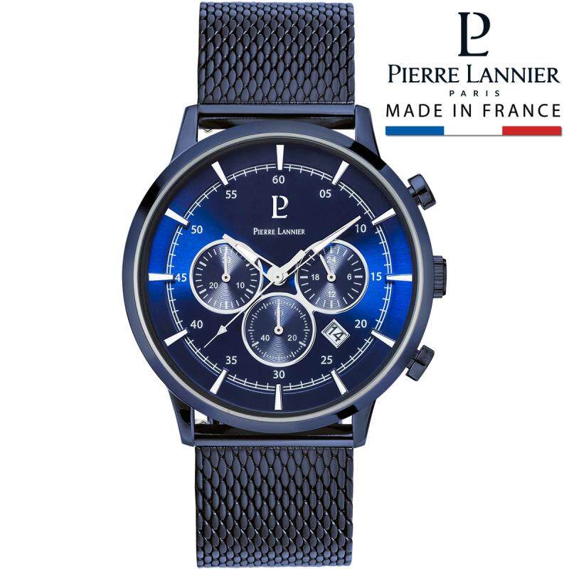日本代购 pierre lannier 男士三眼多功能表盘钢带商务蓝色手表