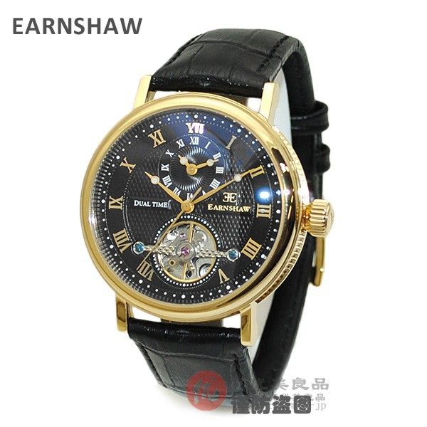 日本代购 earnshaw 男士英伦复古镂空飞轮双表盘真皮自动机械手表