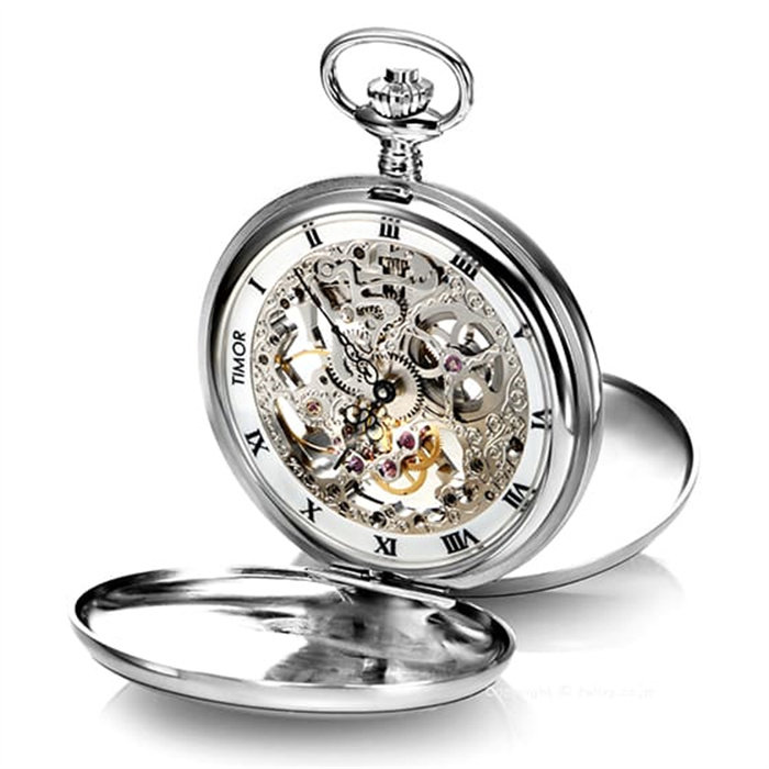 日本代购 timor 男款英伦复古双盖全镂空透底手动机械怀表