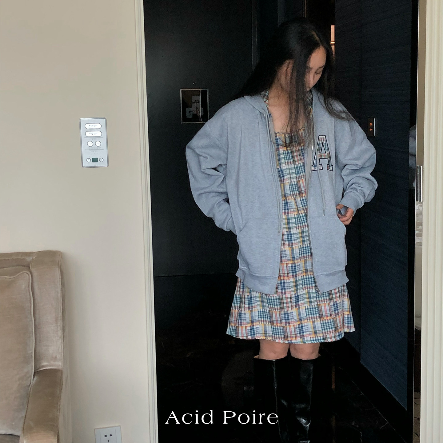 AcidPoire2026布鲁克林之日 学院风宽松灰色刺绣拼接抓绒连帽卫衣