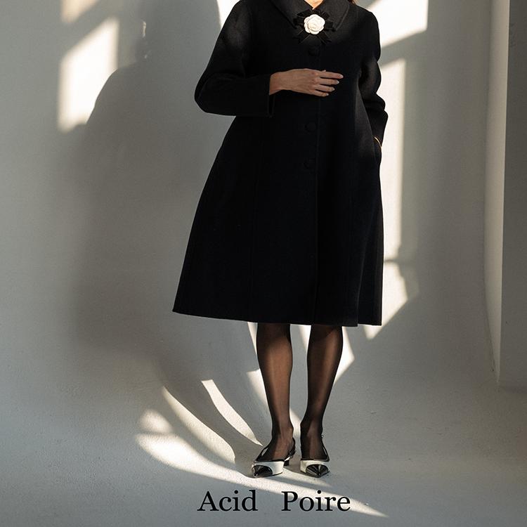 AcidPoire原创自制设计高端气质冬季山茶全羊毛黑色长款大衣外套