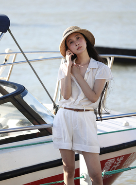 AcidPear最后一夏法式空气感天丝乳白色套装小飞袖短衬衫短裤