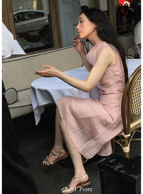 AcidPoire原创设计日光流转的矜持高端气质粉色荡领天丝连衣裙女