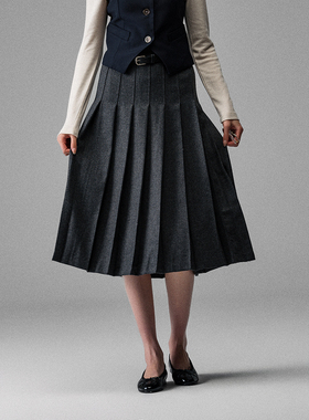Acid Poire 一族早春灰色羊毛显瘦百褶裙腰带半身裙A字裙女