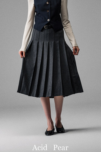 Acid Poire 一族早春灰色羊毛显瘦百褶裙腰带半身裙A字裙女