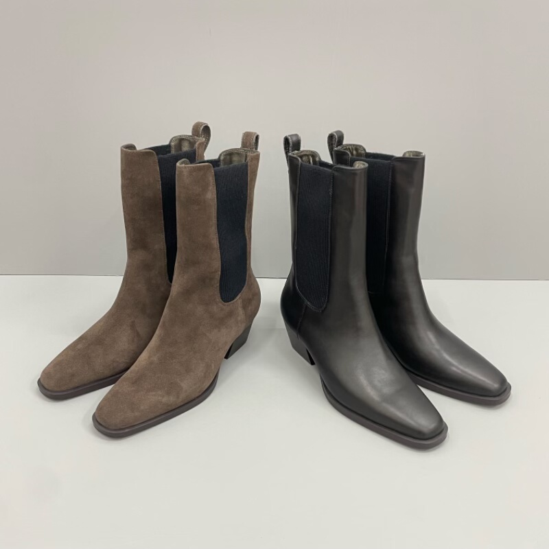 2025新款秋冬女切尔西套脚弹力短靴BC方头粗跟真皮时尚短靴巨好看