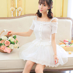 清仓特卖花炮大叔甜美连衣裙束身针织拼接网纱蕾丝一字露肩公主
