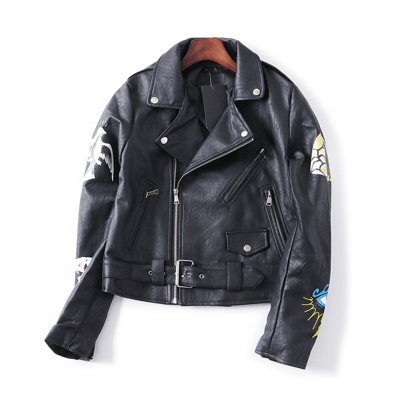 PU皮印花长袖夹克外套女2019秋季新款欧美风个性百搭显瘦皮衣P-6|ruв категории Женская одежда, меха - от Buy2taobao.com для оказания профессиональной услуги покупки агента Taobao