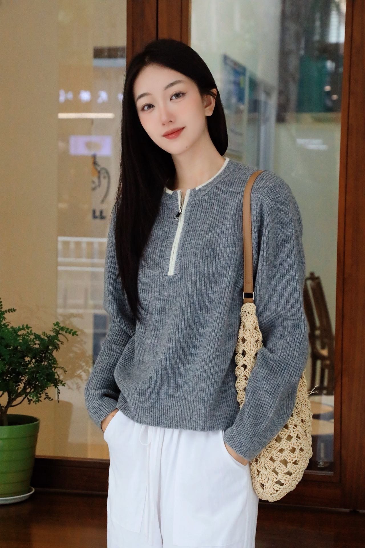 年货节 100%纯羊毛半拉链针织衫女坑条肌理撞色毛衣新年穿搭