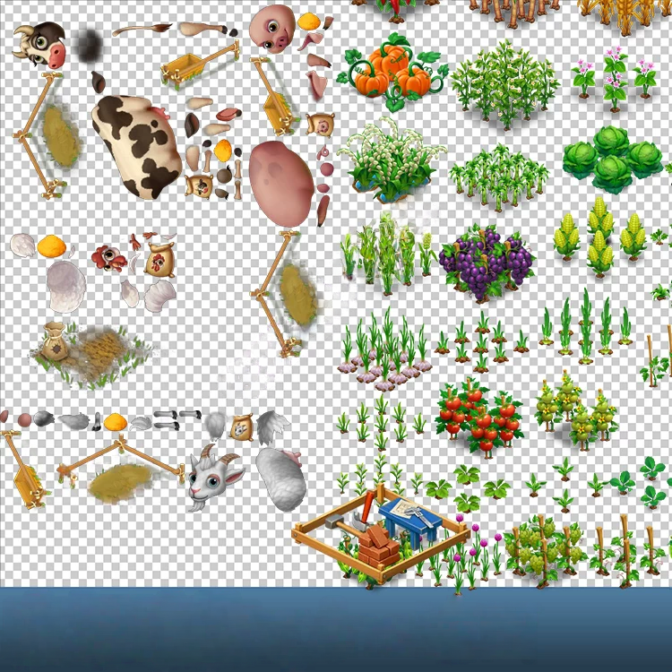 欧美卡通农场 牛羊猪鸡 建筑人物spine骨骼动画 UI植物场景素材