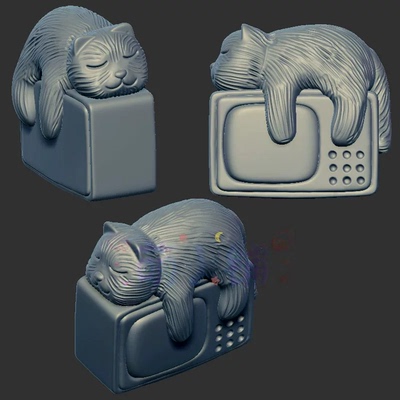 趴趴猫电视机小猫三维立体图圆雕图图纸stl文件雕刻机3d模型843